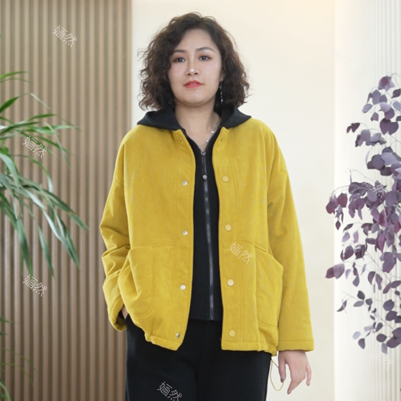 灯芯绒圆领棉服外套单排扣大码保暖百搭宽松简约秋冬季纯色夹克女
