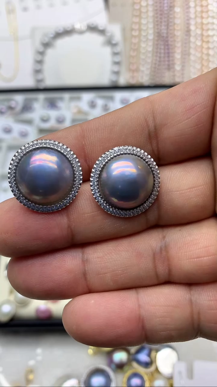 耳饰拼合珍珠（马贝珠）银S925镶嵌蓝色马贝耳钉