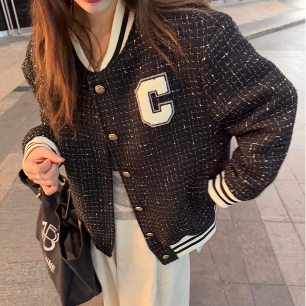 C字棒球领外套冬季常规款宽袖秋季开衫秋冬休闲宽松加厚女气质
