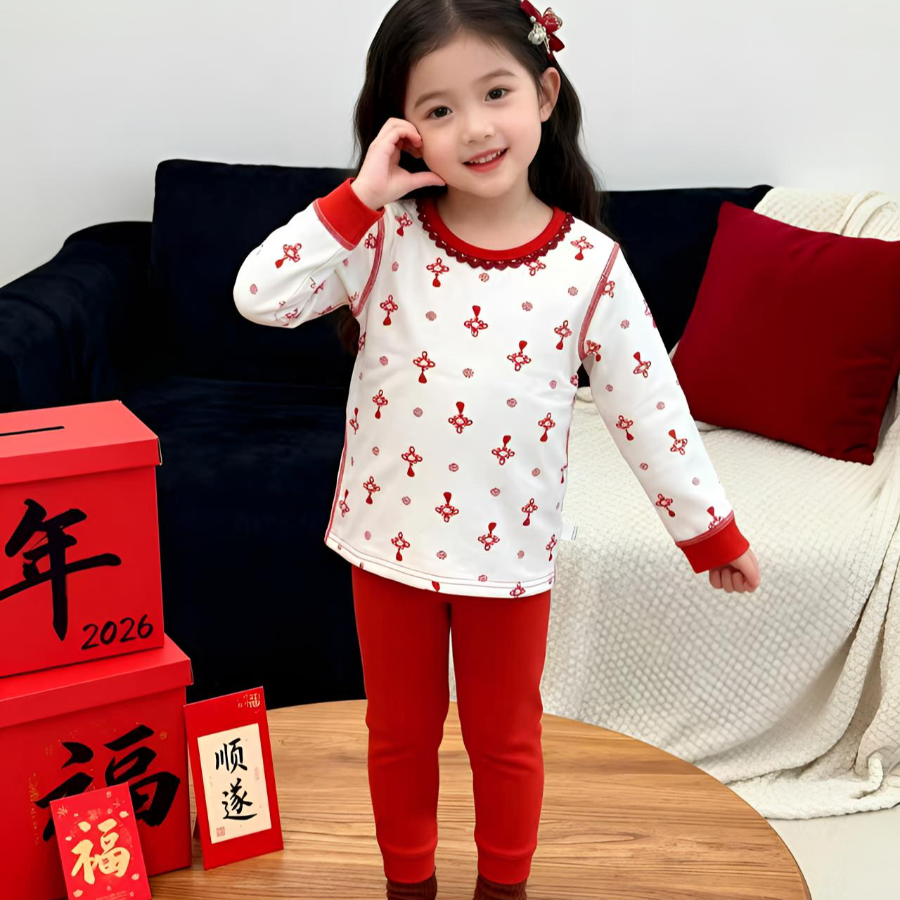 【童话部落】纯棉300g加厚儿童年衣秋衣秋裤女童红色睡衣家居服套装