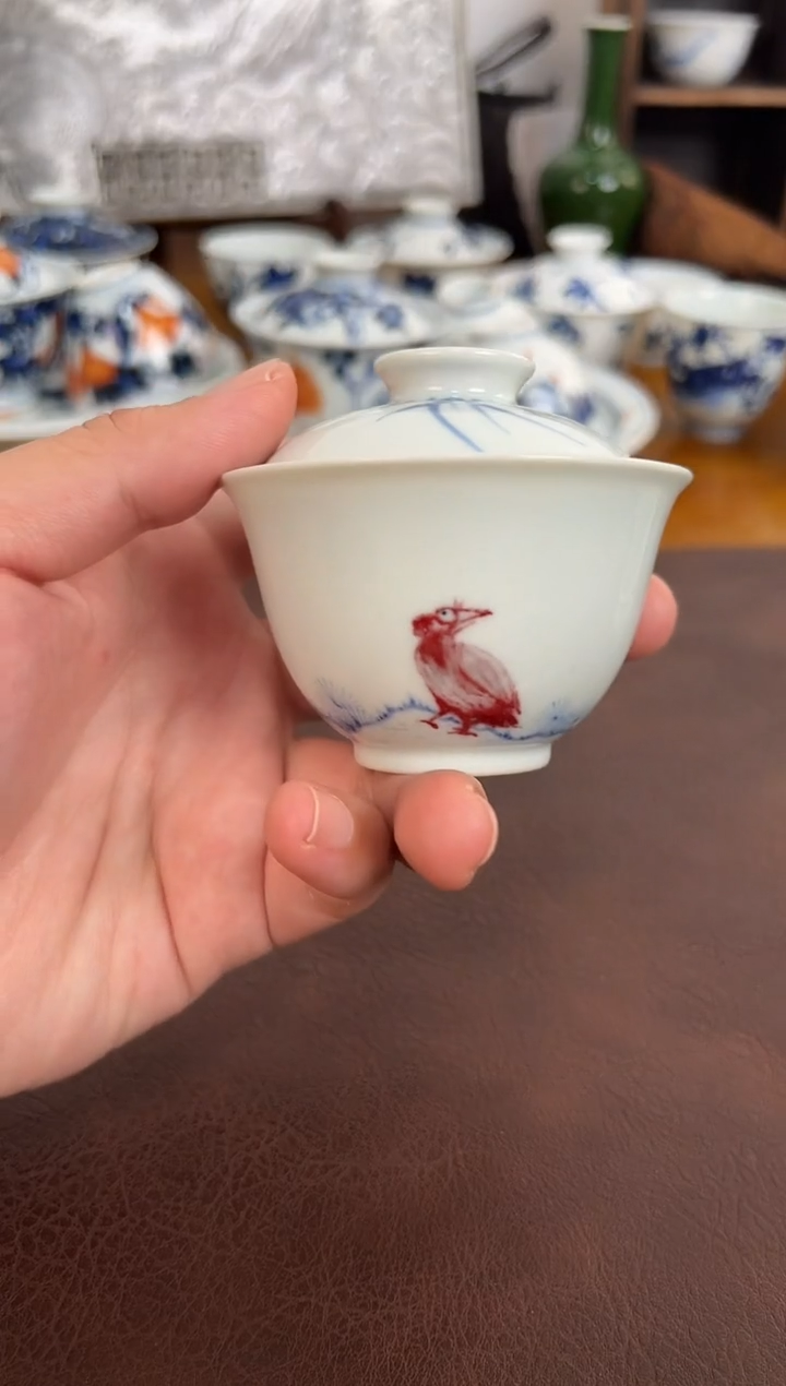 吃**睡照夜白青花釉里红非遗老师盖碗瑕