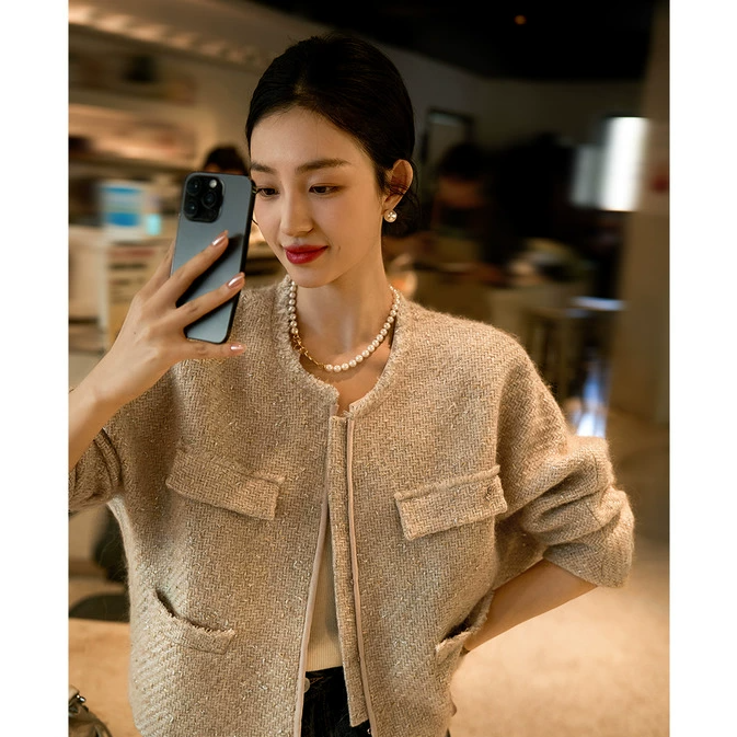 笑涵阁 雾金梦境冬美拉德法式香风毛亮丝粗纺花呢外套WTF860235AG