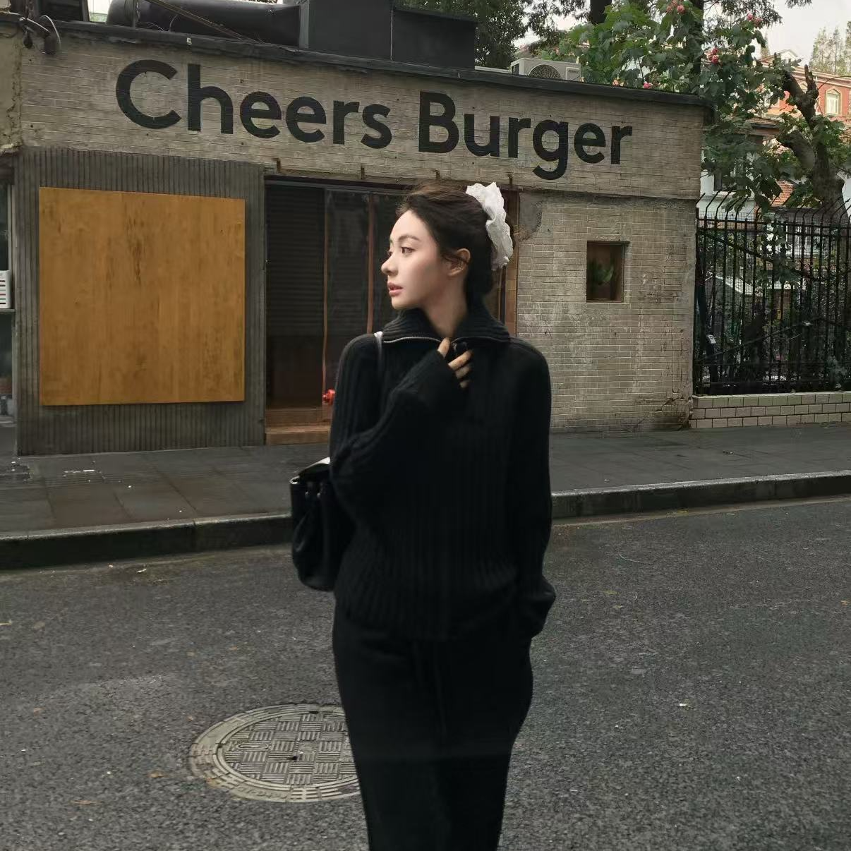 Anna专属-羊毛羊绒半拉链针织长袖刺绣秋季衫时尚冬季宽松套头