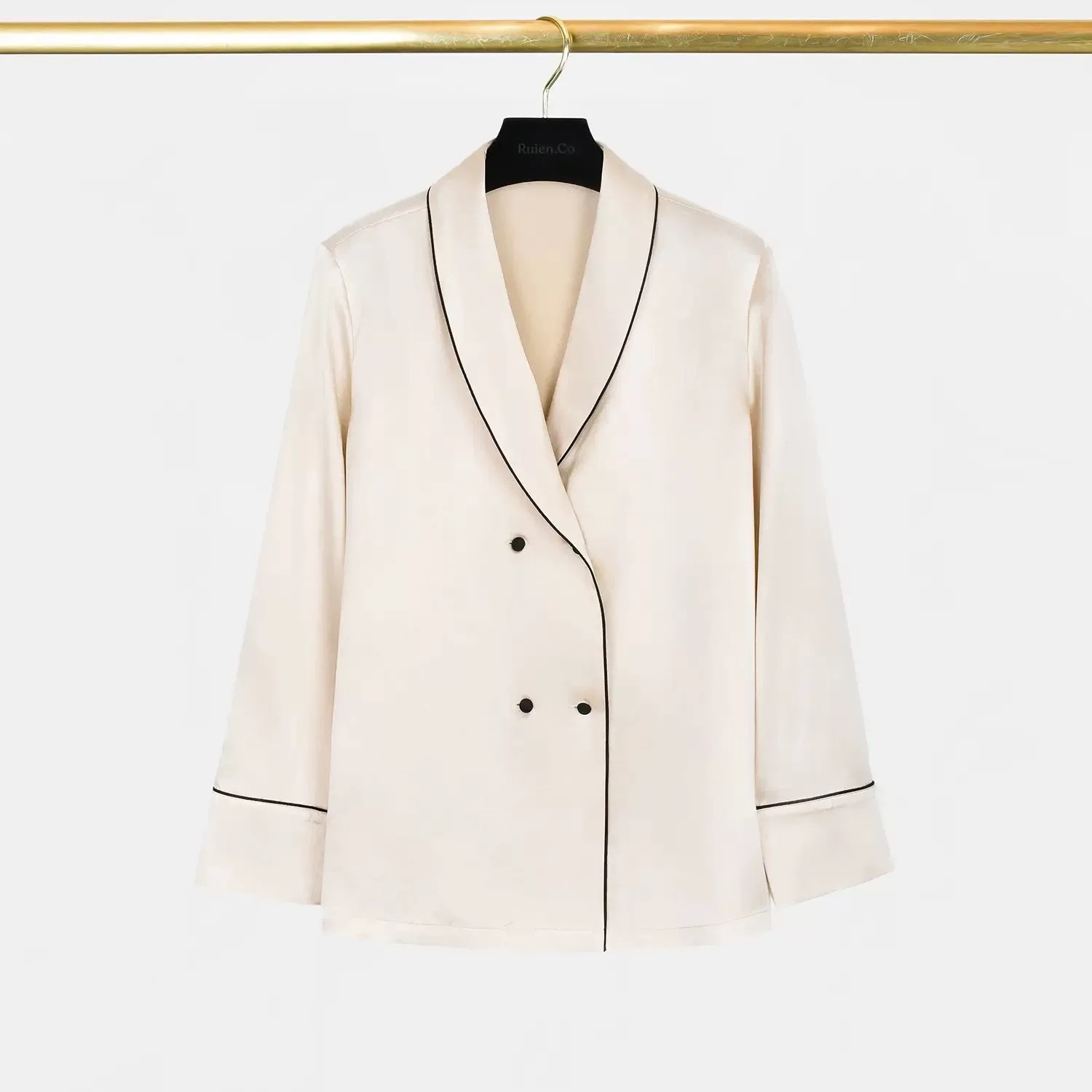 青果领桑蚕丝重磅素绉缎睡衣套家居服百搭2510款