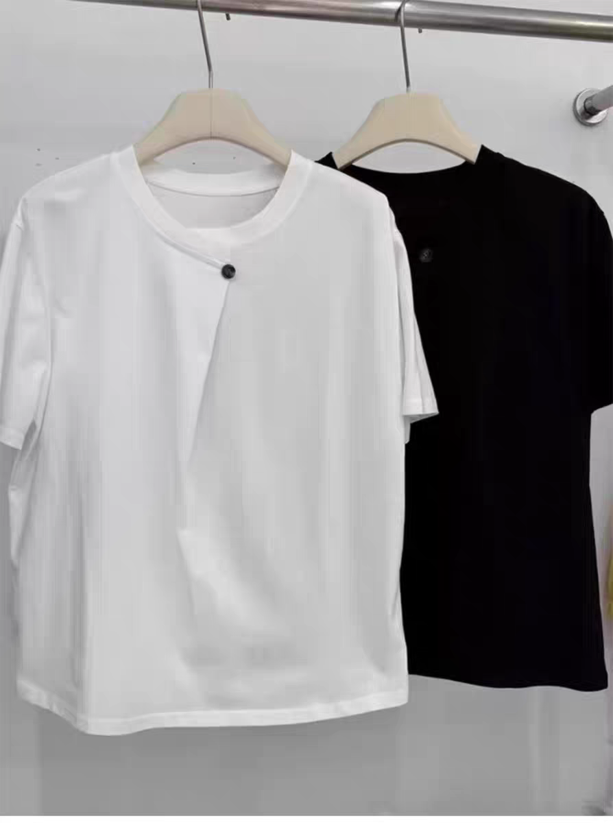 莱美一粒扣白色短袖t恤女夏季新款宽松显瘦体恤时尚简约上衣