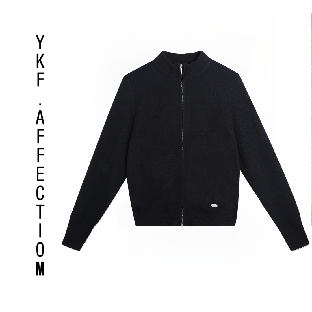 【简单点】老钱风立领拉链针织休闲开衫25009