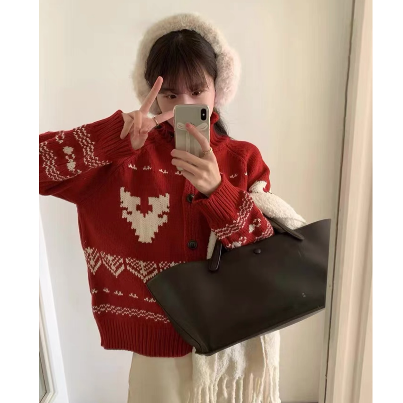 【大喜】韩系费尔岛 立领翻领两穿 针织小鹿花色毛衣开衫