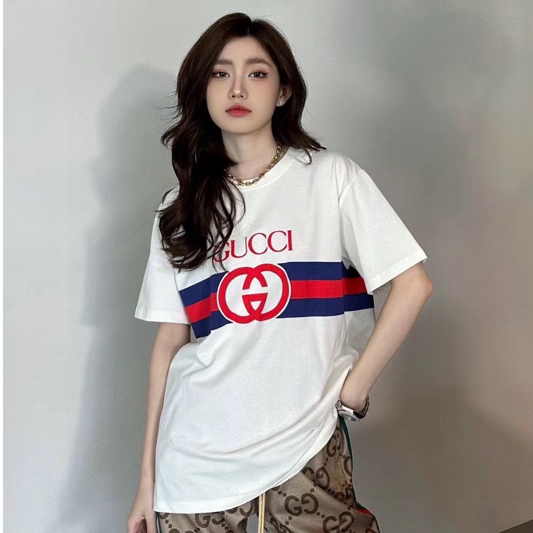 未使用 GUCCI/古驰 红蓝条纹印花logo短袖T恤