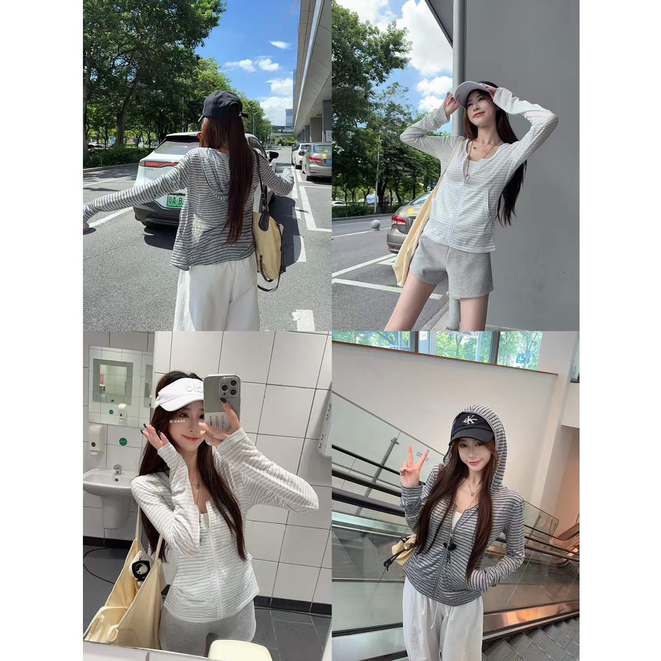 莱赛尔条纹拉链连帽防晒上衣针织长袖休闲韩版慵懒外套女 21765#