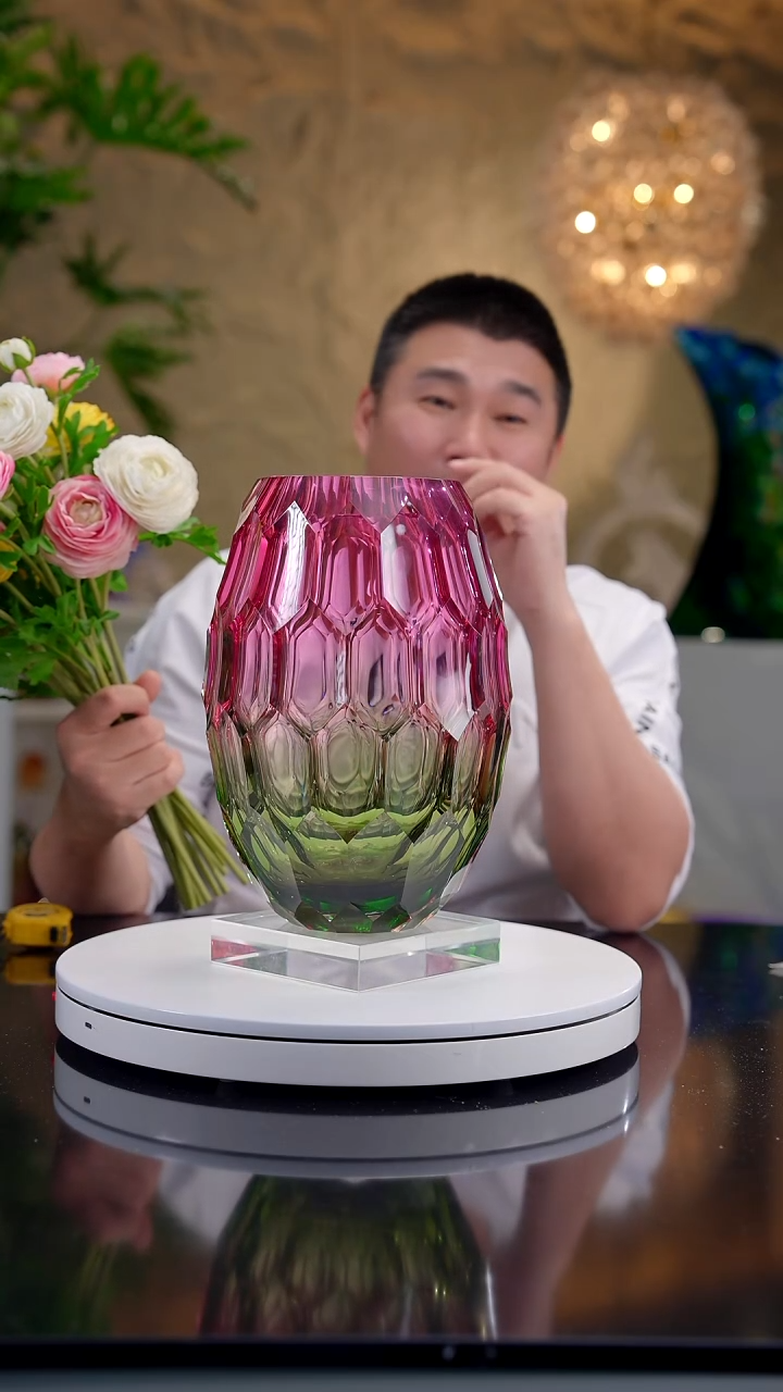 手工艺品琉璃金红绿凹面花器