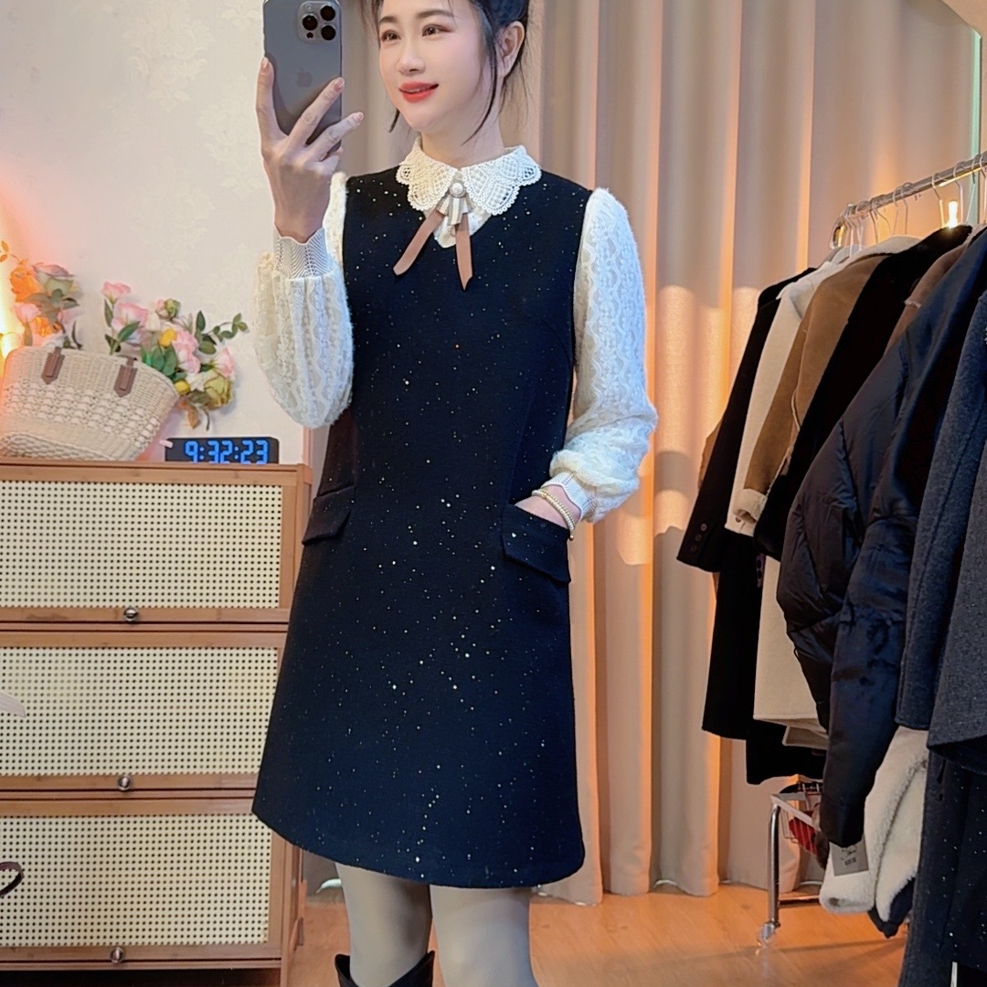 高端女装小香风毛呢V领马甲时尚百搭拉链款连衣裙裙子中长冬521款