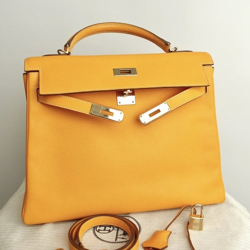 99新 Hermes/爱马仕 kelly32琥珀黄金扣e皮框P手提包
