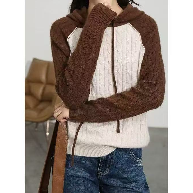 7591杏拼咖 气质长袖针织衫时尚带帽毛衣休闲百搭