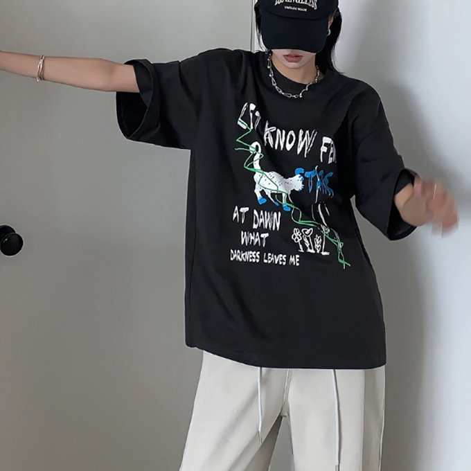 【24-52专柜品质】休闲随性 百搭美式潮牌印花宽松重磅短袖T恤女