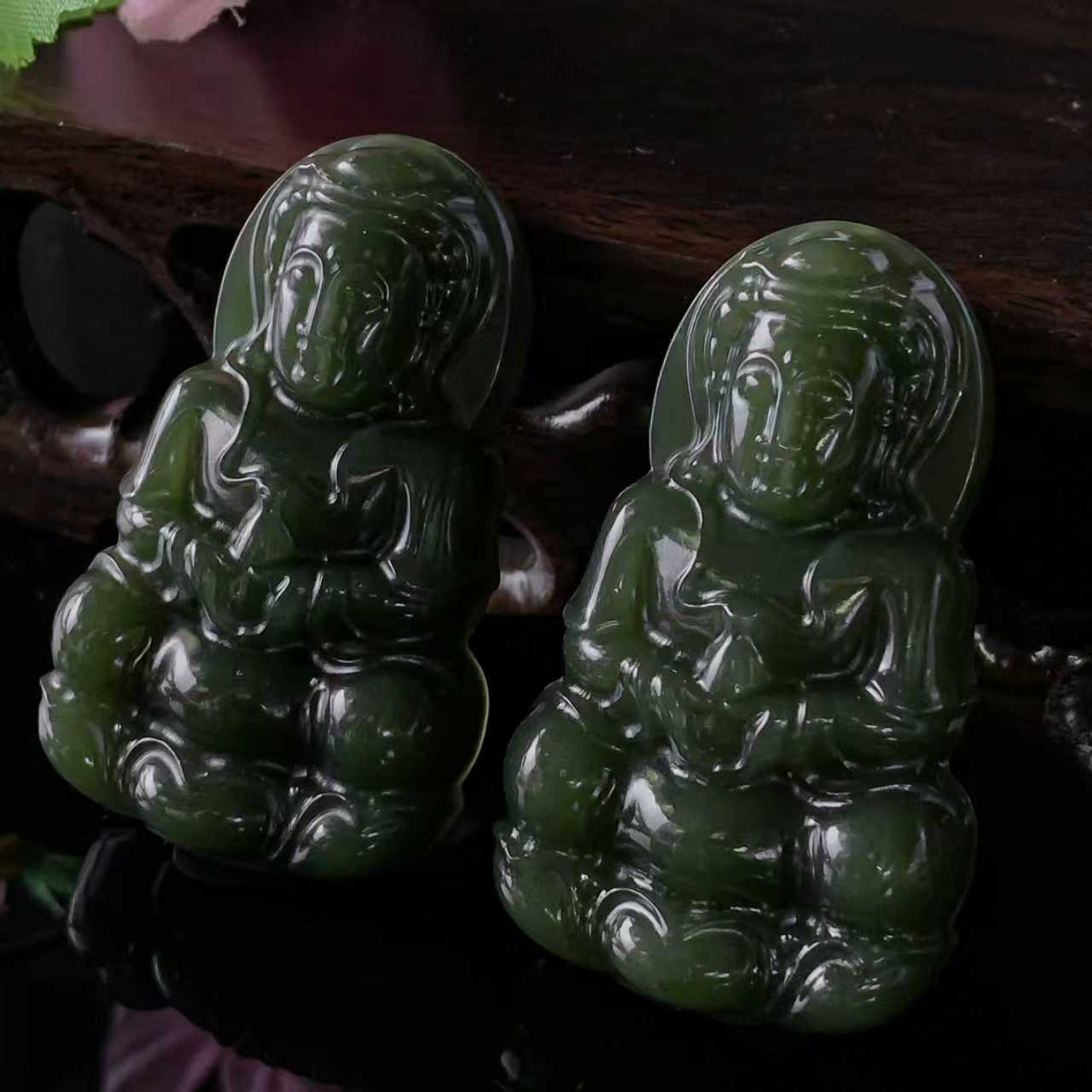 H4902高43左右-青黄和田玉观音吊坠-配珠链-多样性发其一