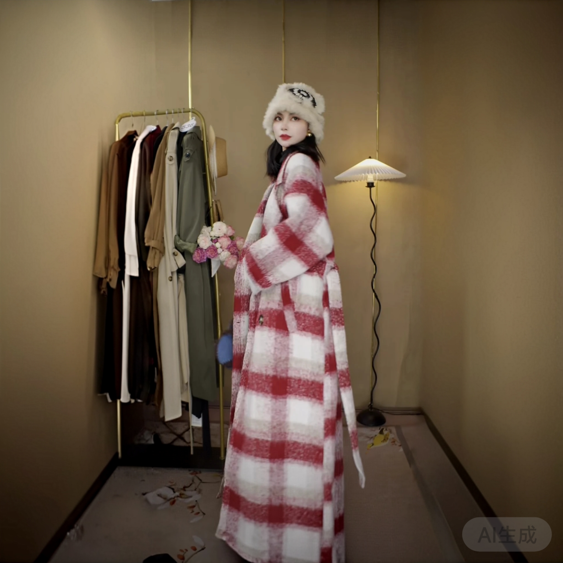 【548】红白格子大衣毛呢秋冬格纹时尚韩版