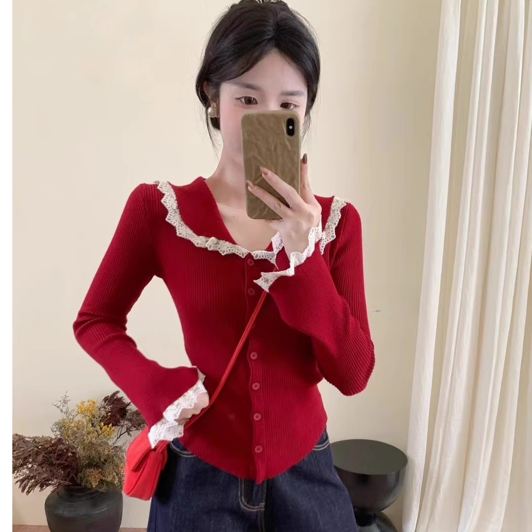 2025春季法式蕾丝边气质翻领百搭收腰女针织衫排扣小衫上衣A1-76
