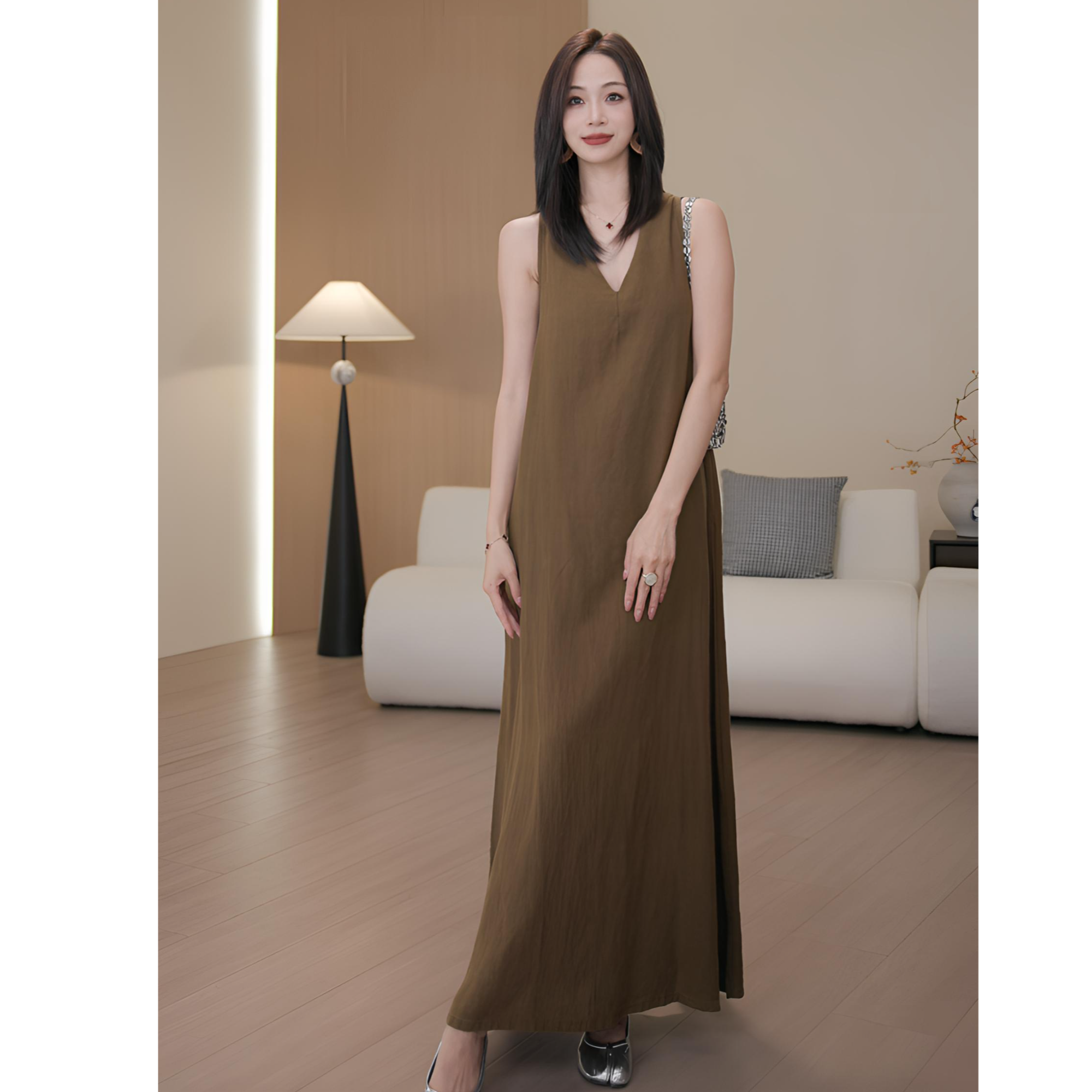 （咖青叠影）高支V领挂脖连衣裙女度假风无袖背心长裙休闲MXJ351