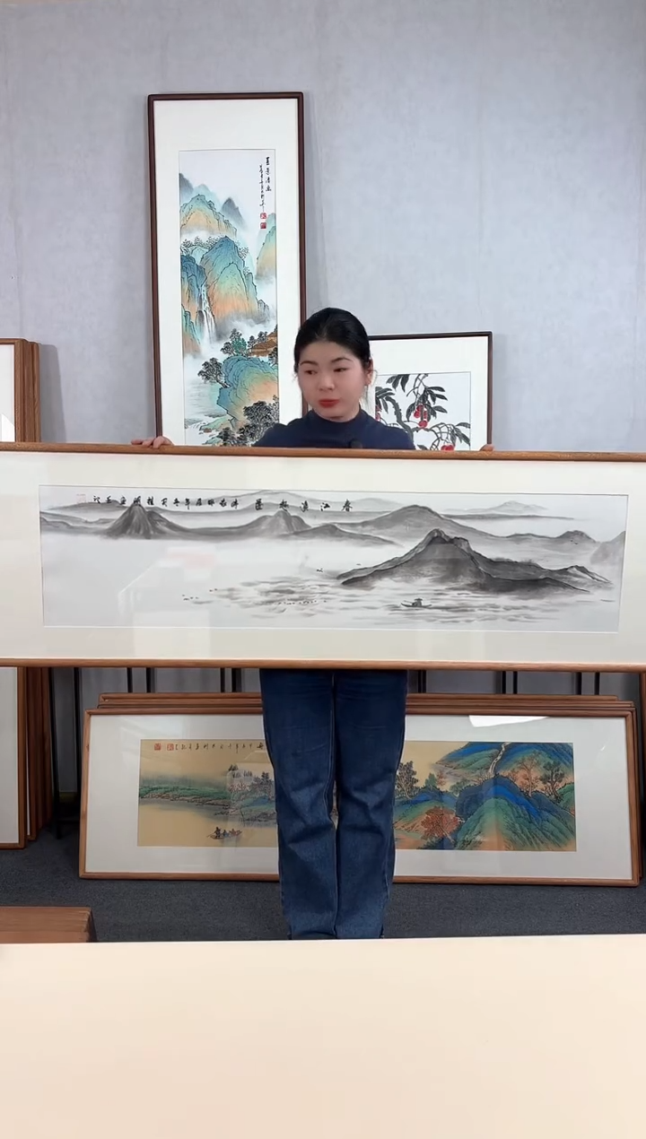 【闪购商品】国画手绘*春江渔趣*52*172cm实木框