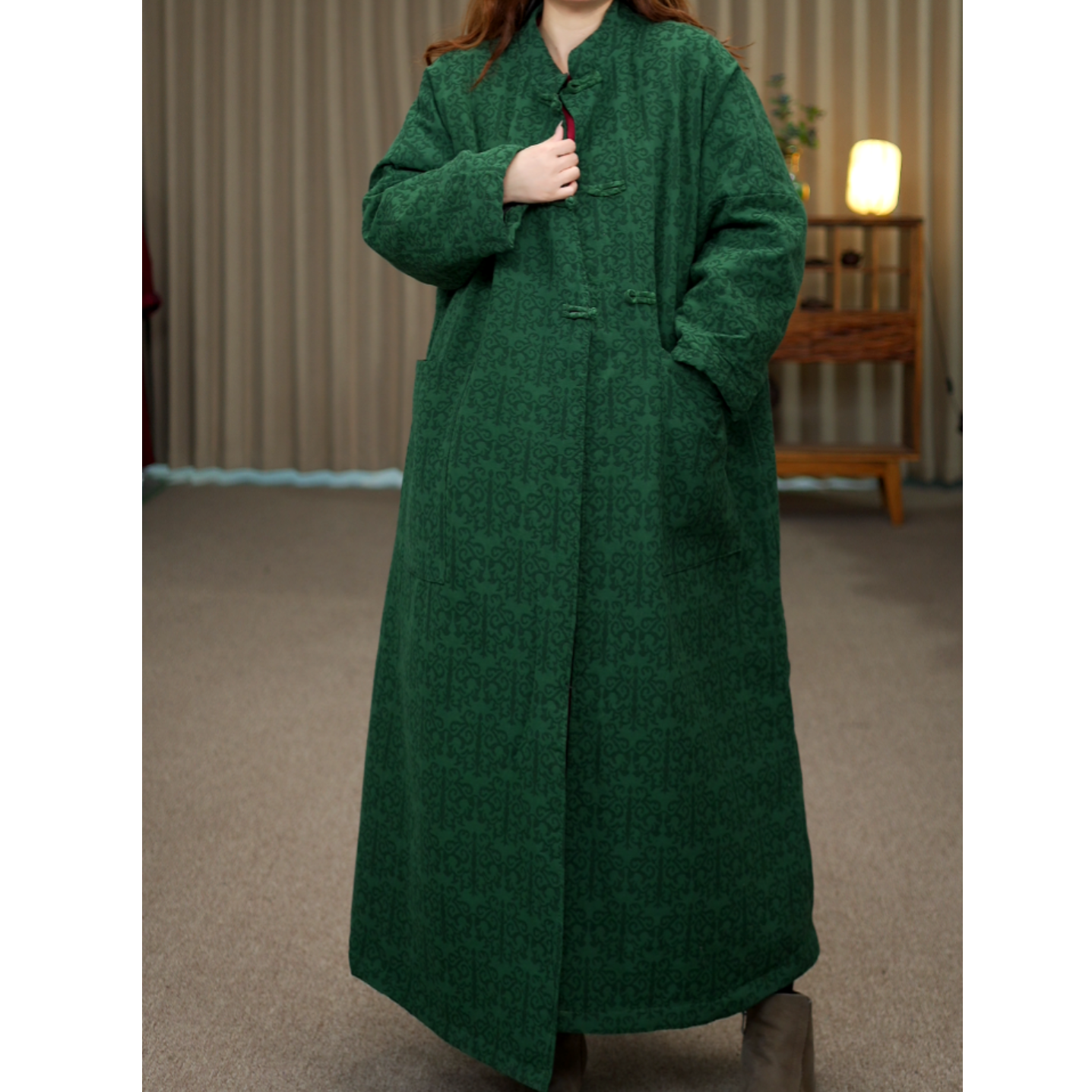 花璟与麻原创设计款盘扣斜襟夹棉棉衣（衣长118胸围132)