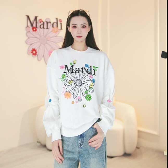 Mardi【锦短】拂柳刺绣小雏菊休闲简约风圆领长袖经典百搭卫衣