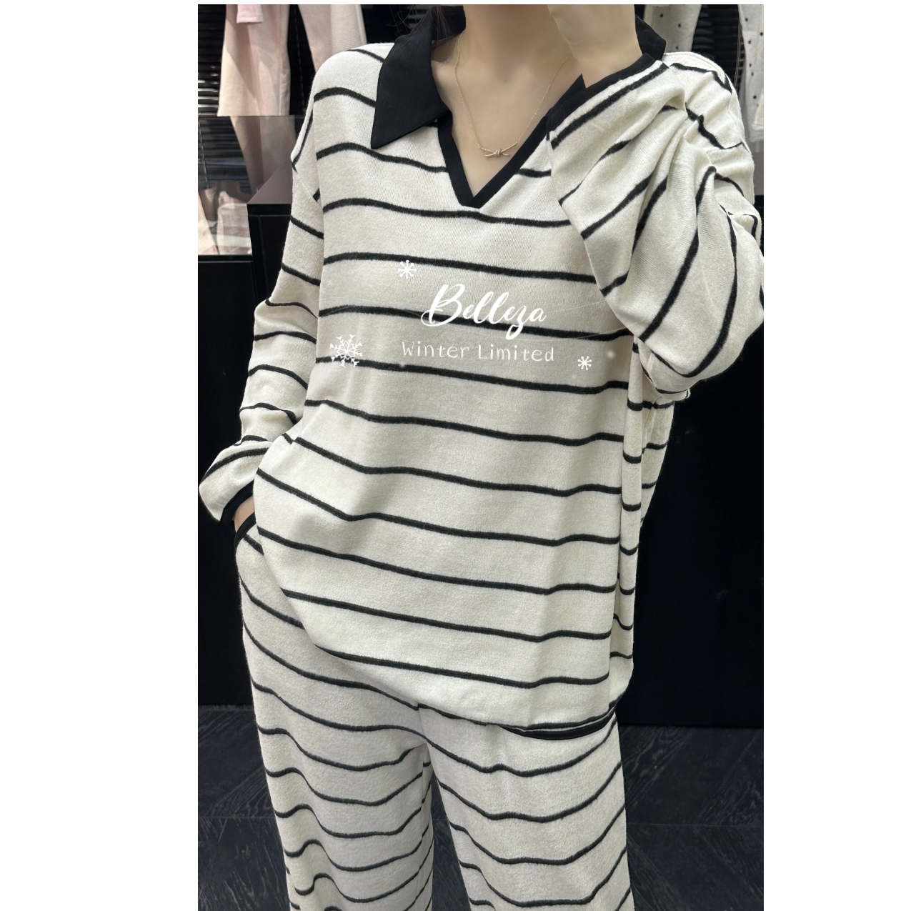 贝蕾丝【杏色黑条针织套装】秋冬可外穿弹力休闲长袖长袖睡衣家居服