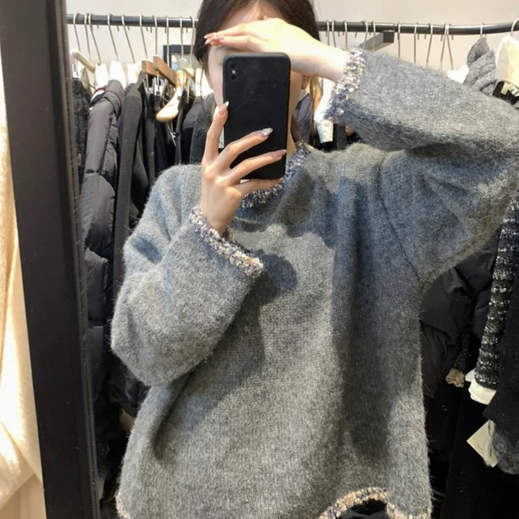 【廊前花开】小香风毛蕊花灰色软糯套头宽松高级感外穿针织上衣153