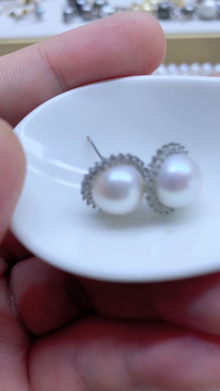 银S925镶嵌耳饰淡水珍珠小*乐9-10mm