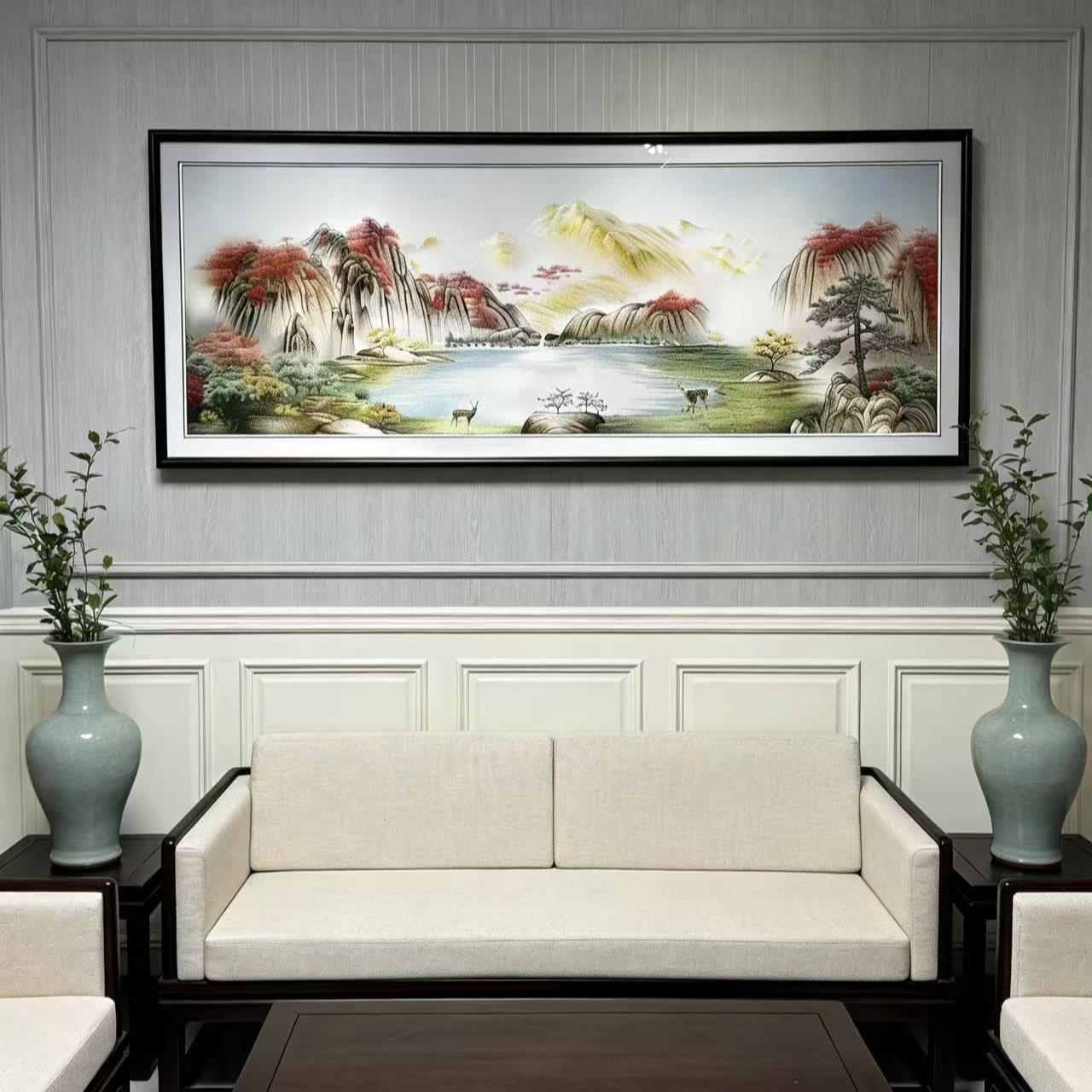 新款鸿运当头聚宝盆客厅装饰画现代简约新中式织锦绣背景墙画