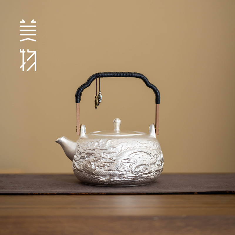  龙腾盛世提梁银壶煮茶壶鎏银烧水壶泡茶家用防烫煮泡茶壶