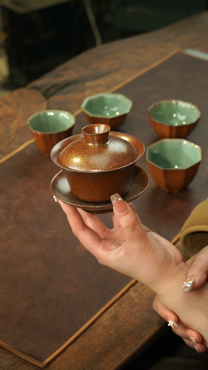 【闪购商品】瓷片瓷茶记 茶叶末釉 三才盖碗