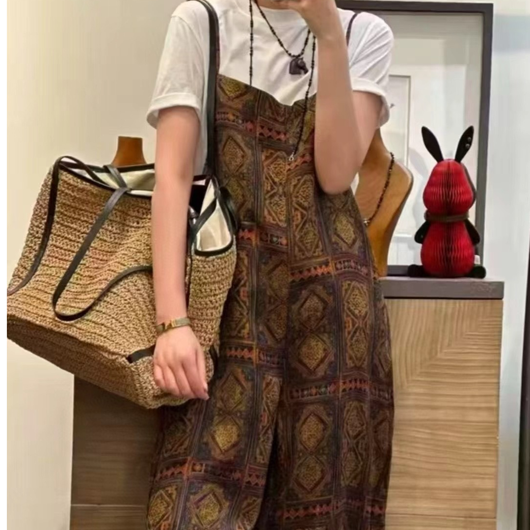 【古楼】新中式桑蚕丝香云纱棋盘纹背带裤老钱复古文艺时尚#88