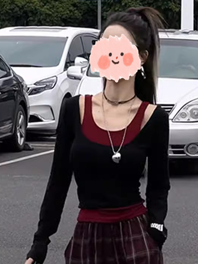 美式辣妹挂脖打底衫女装秋冬内搭长袖T恤假两件撞色修身洋气上衣