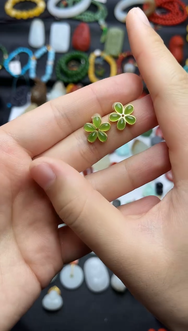 银S925镶嵌和田玉耳饰花花耳钉06