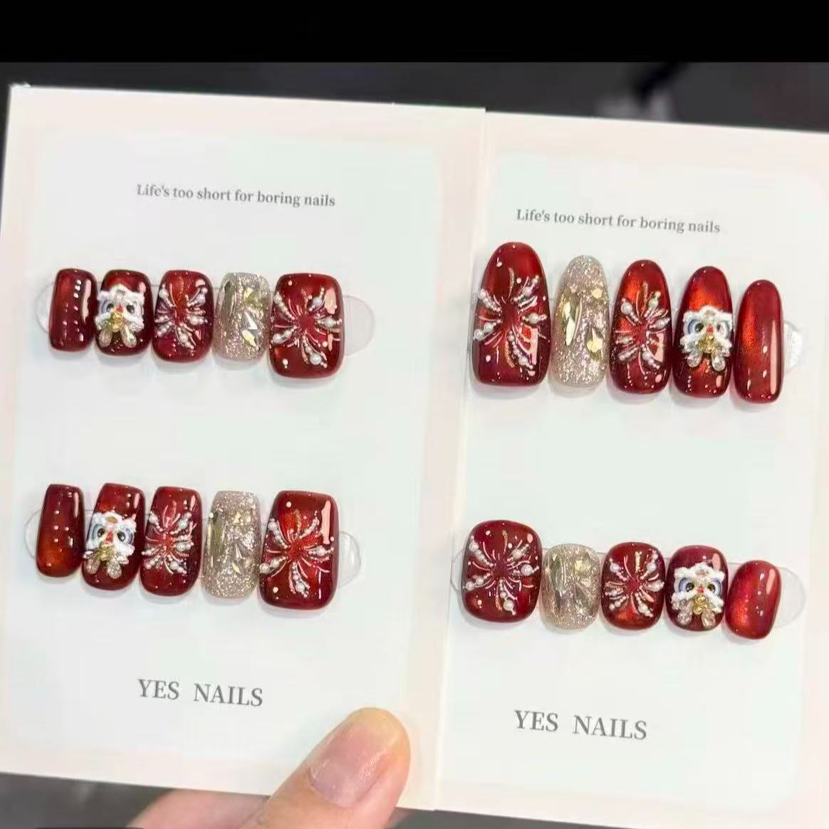 新年醒狮中椭圆国风氛围感纯手工穿戴甲10片装