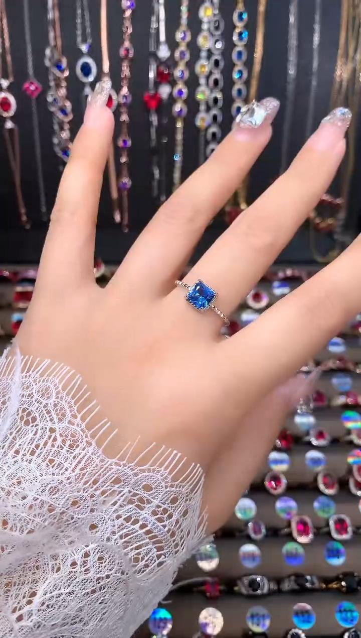 蓝宝石戒指银S925镶嵌银色6