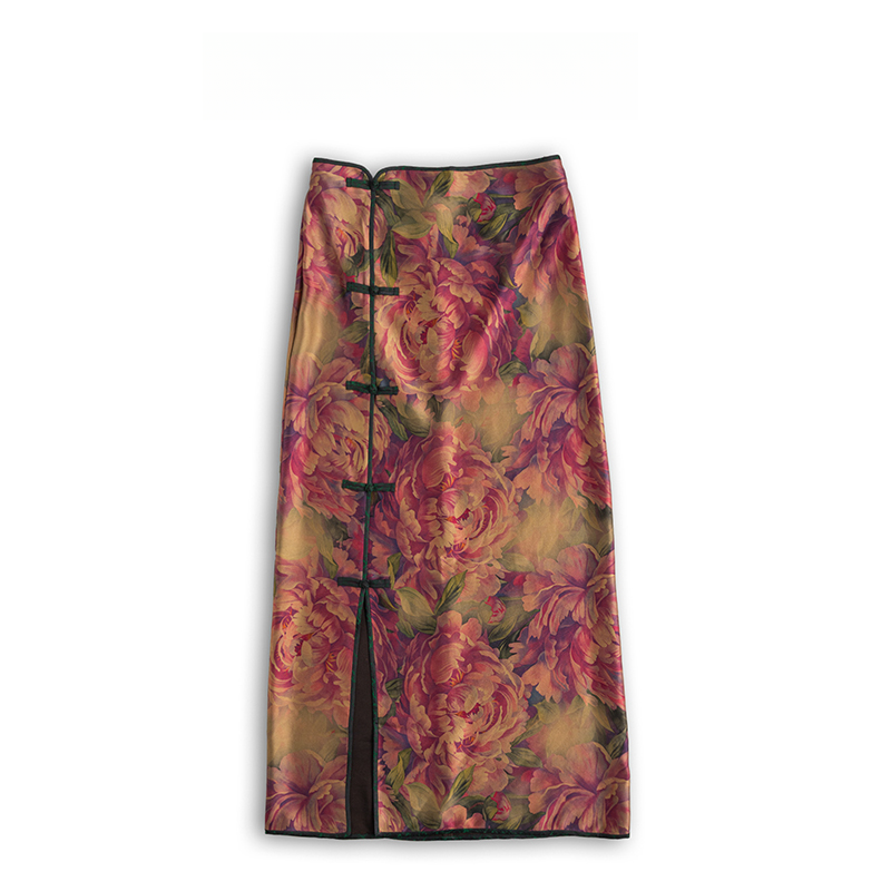 香云纱（花开富贵）印花拼接侧开衩中式修身半身包臀裙-60048