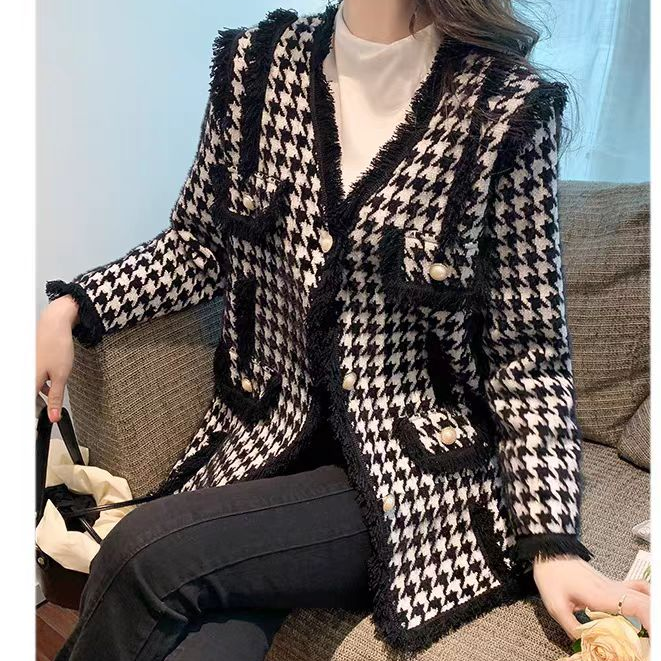8710款千鸟格小香风外套高级感水貂绒开衫