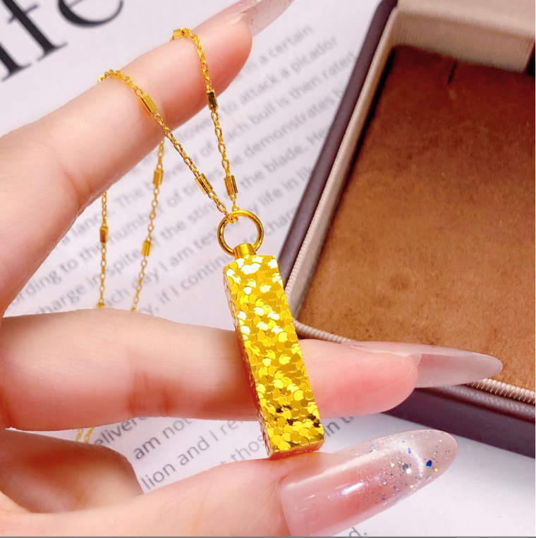 铜合金项链 新中式碎碎冰四方来财实心小方砖项链国潮百搭锁骨链