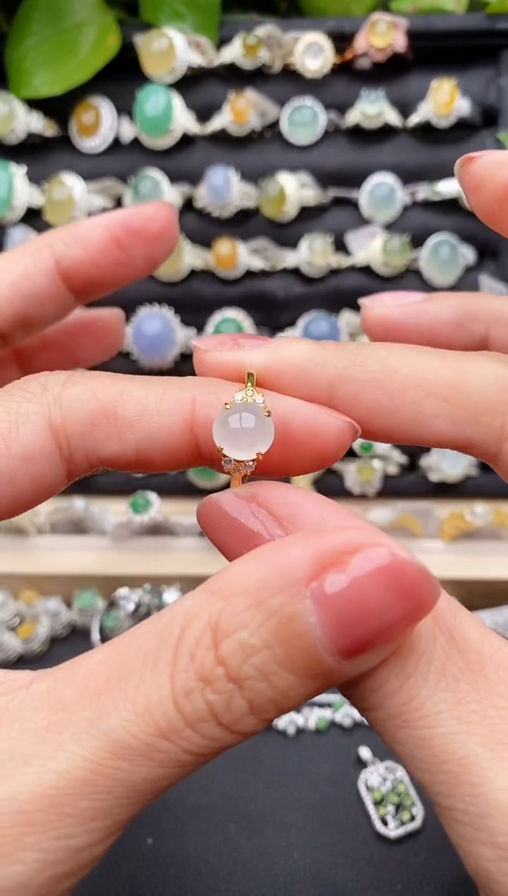 【闪购商品】翡翠戒指银S925镶嵌缅甸天然A货翡翠33  7-10