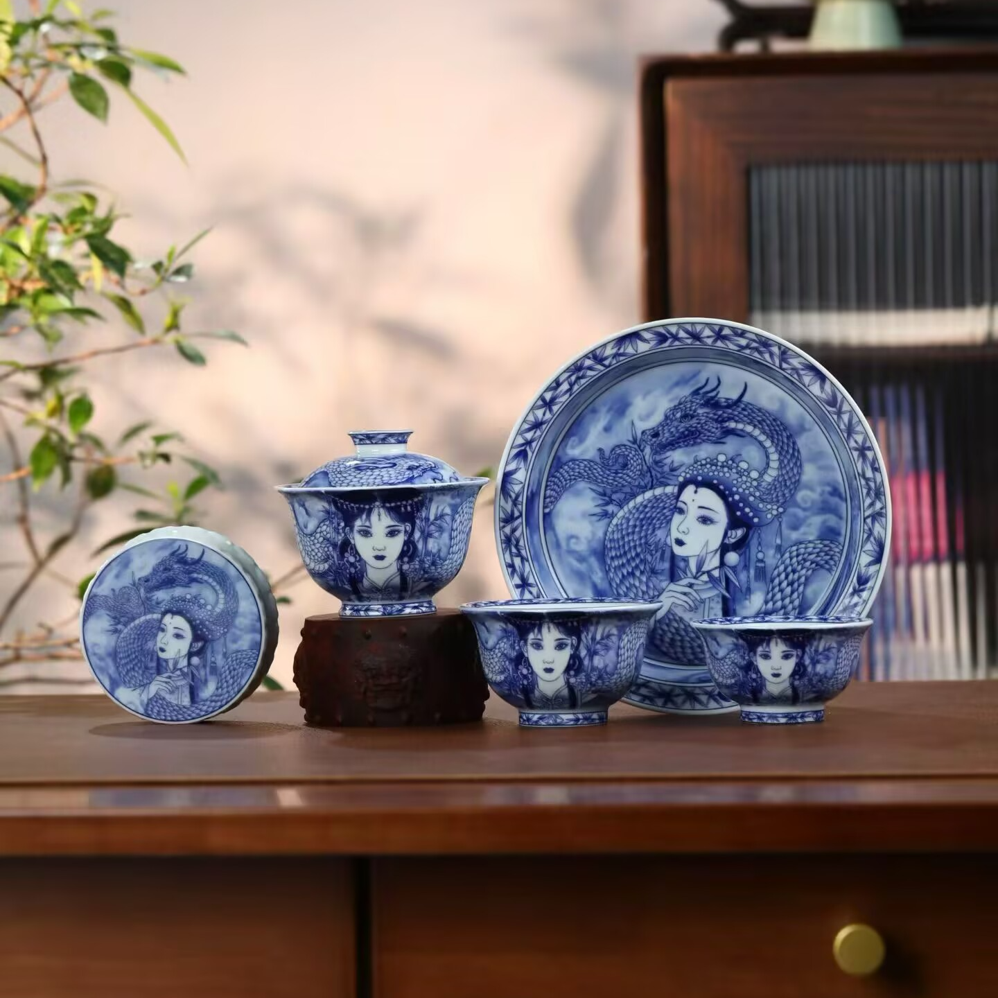 景德镇高温釉下彩青花瓷手工龙女茶具公司活动店铺开业logo伴手礼