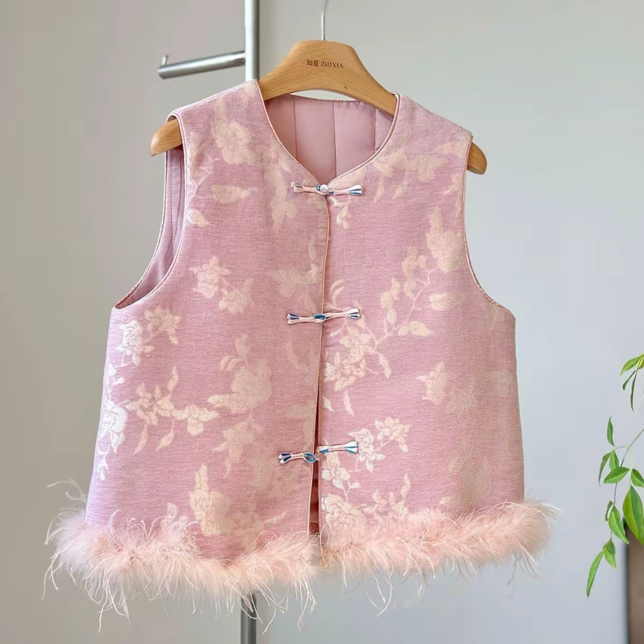 【粉黛】水貂毛加绒加棉马夹新中式加厚保暖提花女装中国风冬款冬季