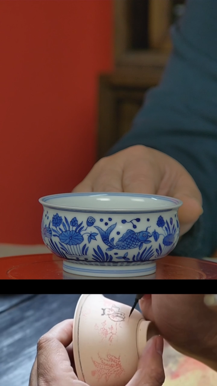 【闪购商品】033景德镇民间艺人玉竹青花鱼藻主人杯