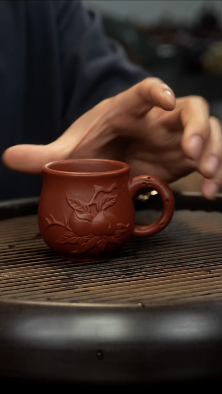 茶壶紫砂朱泥 带把桃叶杯