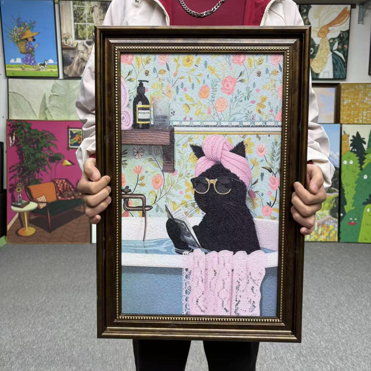 奶茶猫咪卡通装饰画复古文艺风客厅挂画小众高级感146