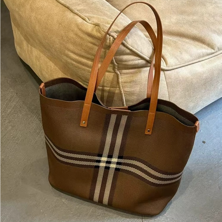 2025新款大容量托特包休闲百搭单肩大包织物条纹购物袋女通勤大包