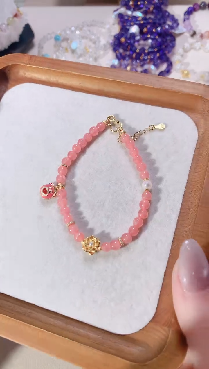 【闪购商品】菱锰矿（红纹石）手绳银S925镀金镶嵌孤品