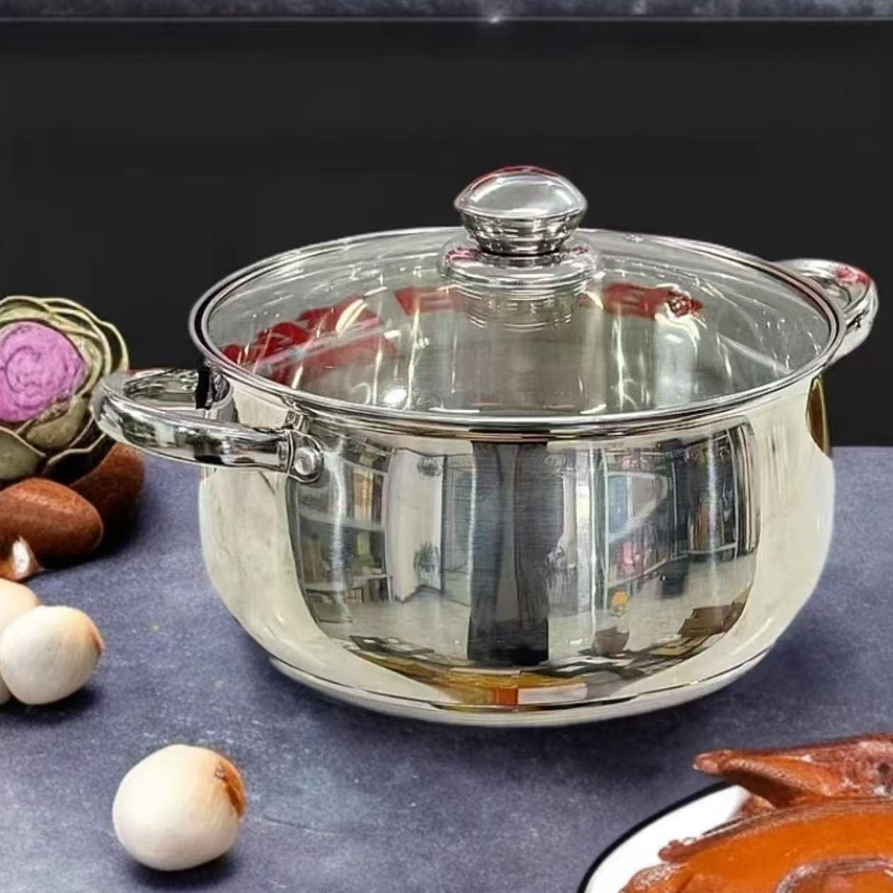 【外贸高货】24cm不锈钢汤锅煲汤锅蒸锅上蒸下煮炉灶通用-xianz