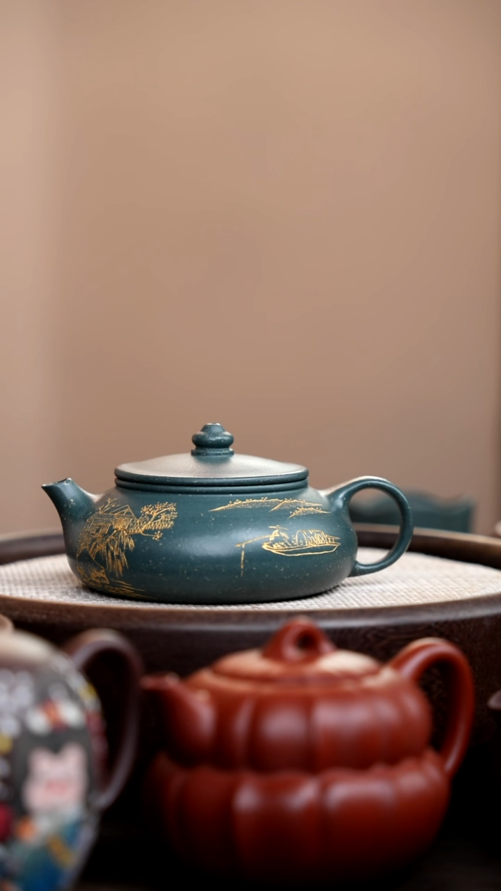 茶壶紫砂004 雪花绿泥寒江刻山水上金