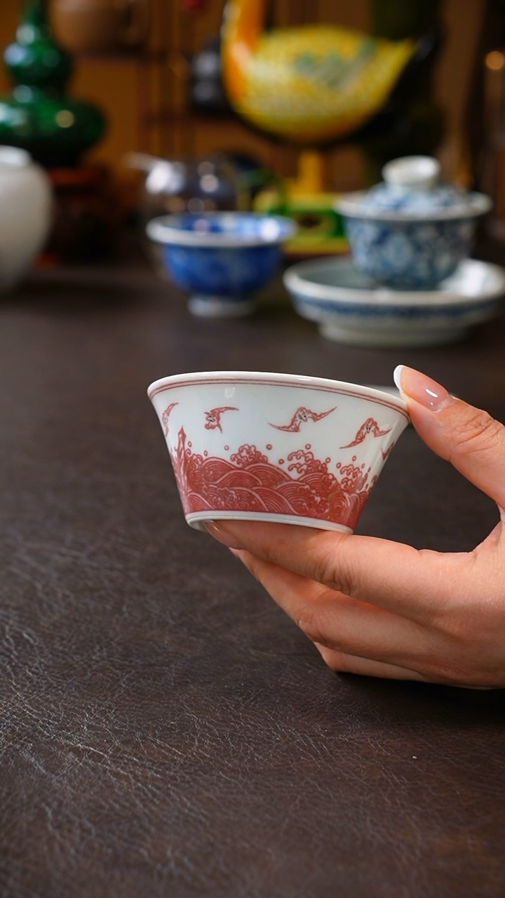 【闪购商品】燃古堂釉里红福山寿海马蹄杯